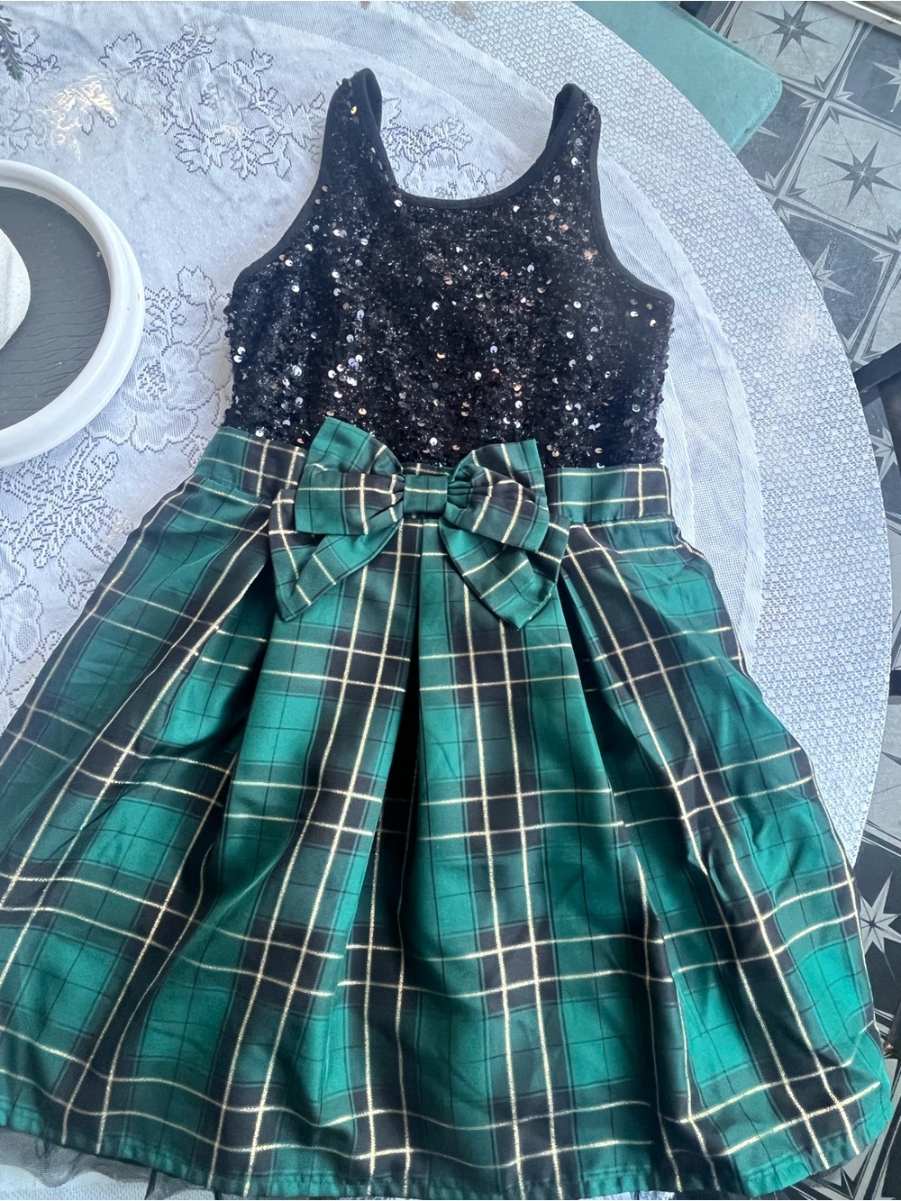 Place Girls Black Sequin Bodice with Green Plaid Bow Dress